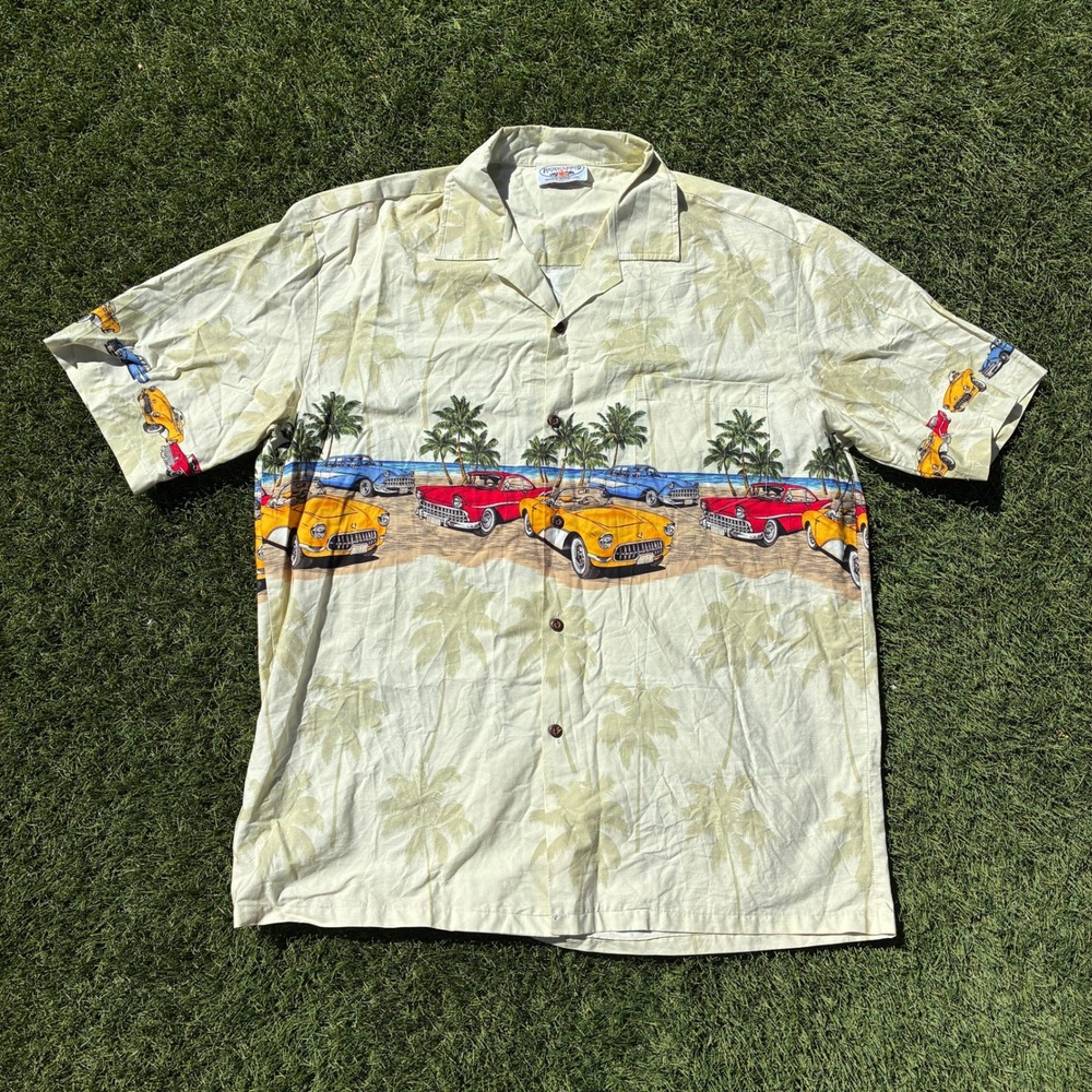 Pacific Legend Mens XL Classic Car Palm Tree Hawaiian Camp Shirt Cream Cotton